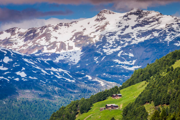montañas nevadas en el parque nacional de stelvio con chalets y graneros – valfurva, alpes italianos - rock pinnacle cliff mountain peak fotografías e imágenes de stock