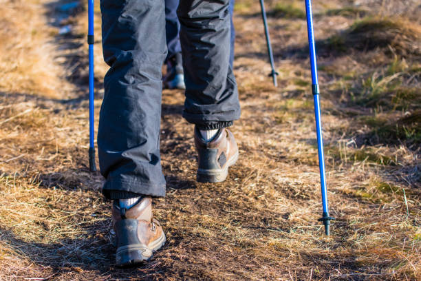istock Close-up of hikers feet walking 1257438540