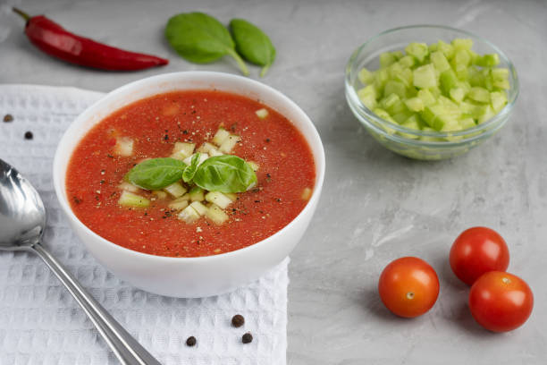 istock Homemade gazpacho soup on white napkin at kitchen 1257440024