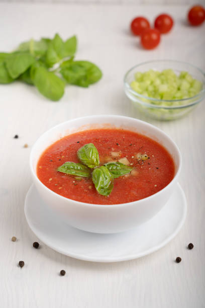 istock Homemade gazpacho soup on white wooden table 1257440045