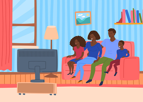 Cartoon Color Characters People Afro American Family Watching Tv Concept  Vector Stock Illustration - Download Image Now - iStock