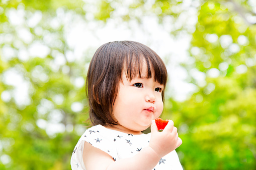 Little girl eating strawberry, backdrop of green trees