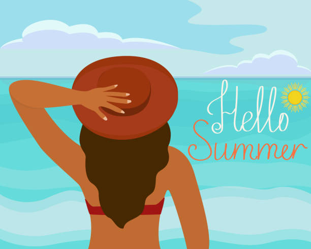 ilustrações, clipart, desenhos animados e ícones de cartão de saudação ou pôster com o texto hello summer. ilustração vetorial de uma mulher em um fundo do mar - swimwear vector non urban scene text