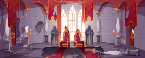 Vector illustration of Abandoned medieval castle with royal thrones