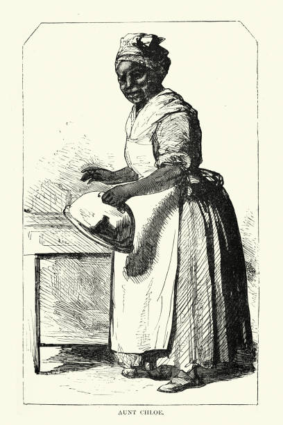 Aunt Chloe, Uncle Tom's Cabin Vintage illustration of a scene from Uncle Tom's Cabin; or, Life Among the Lowly by Harriet Beecher Stowe.  Aunt Chloe middle aged woman cooking stock illustrations