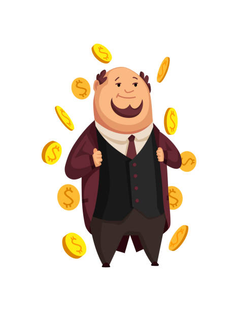 벡터 만화 부자. 흰색 배경에 정장에 재미 뚱뚱한 남자 자본가의 이미지. 비즈니스, 금융, 돈 - hat savings business manager stock illustrations