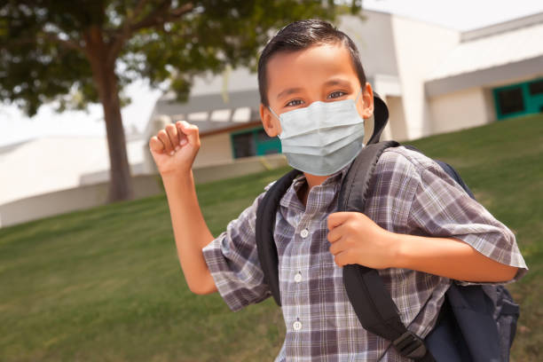 istock Hispanic Student Boy Wearing Face Mask with Backpack on School Campus 1257447360