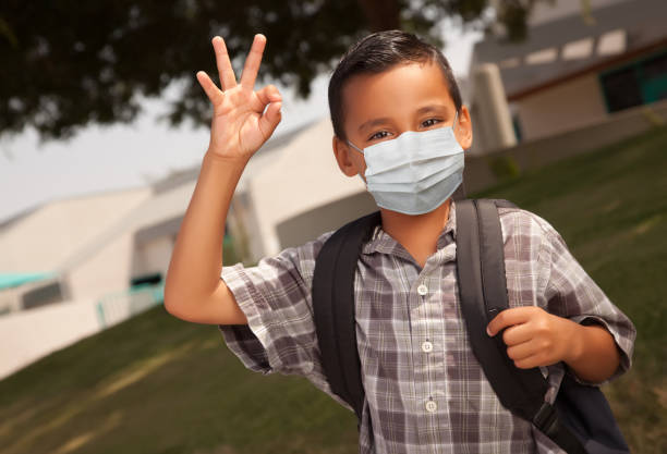 istock Hispanic Student Boy Wearing Face Mask with Backpack on School Campus 1257447366