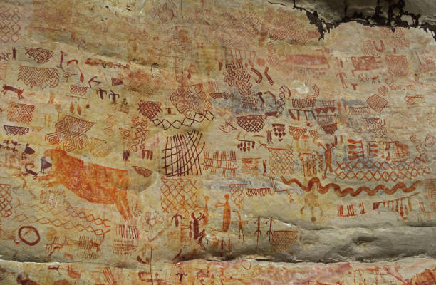Prehistoric rock art Prehistoric rock art, paintings on sheltered cliff face"n"nLa Lindosa, Colombia cave painting stock pictures, royalty-free photos & images