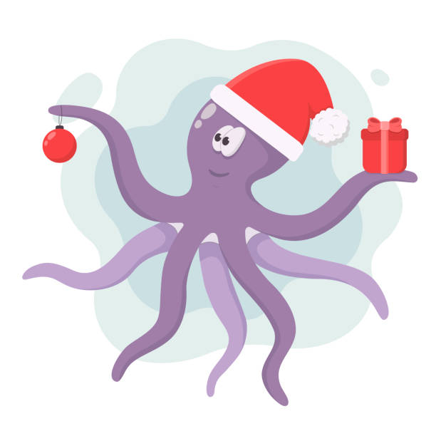 istock Purple octopus in santa claus hat with christmas ball and gift in tentacles 1257448538