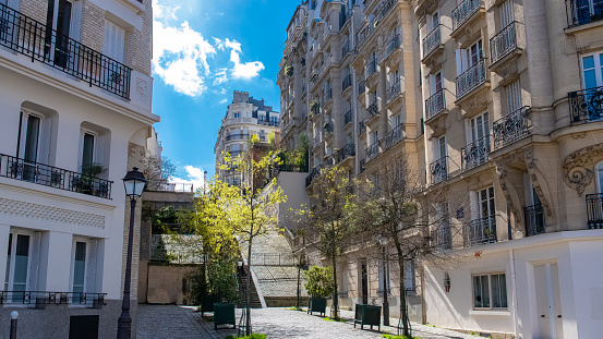 Paris, romantic staircase in Montmartre, typical buildings