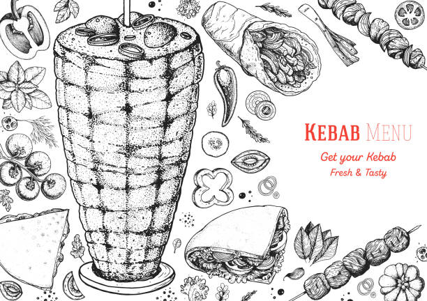 ilustrações, clipart, desenhos animados e ícones de doner kebab cozinhar e ingredientes para kebab, ilustração de esboço. moldura da culinária árabe. elementos de design do cardápio de fast food. shawarma desenhado à mão quadro. comida do oriente médio. - sandwich turkey bread toast