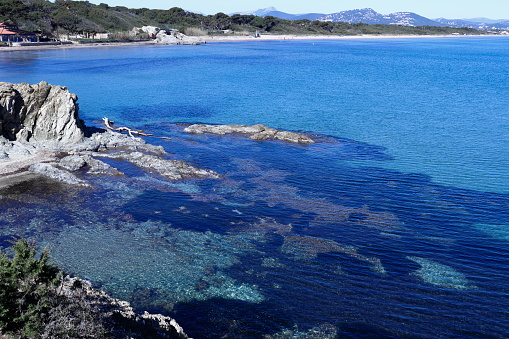 The rocky Mediterranean coastline of the Giens Peninsula in the south of France