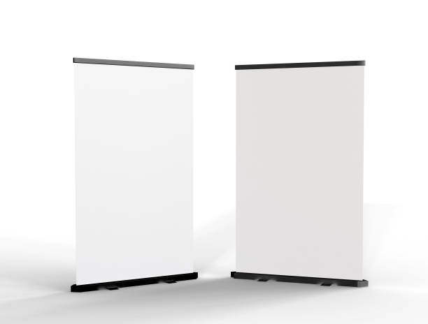 istock 3D Illustration. Blank roll up banner stands mockup. 1257449528