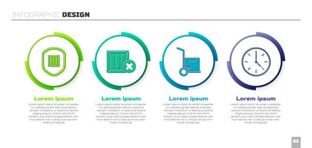 ilustrações de stock, clip art, desenhos animados e ícones de set delivery security with shield, wooden box and delete, hand truck and boxes and clock. business infographic template. vector - troleicarro