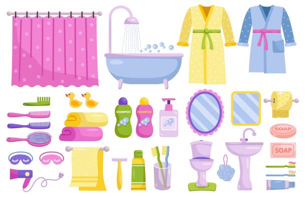 ilustrações, clipart, desenhos animados e ícones de acessórios de banheiro. banheiro doméstico isolado - hygiene bathtub symbol toothbrush