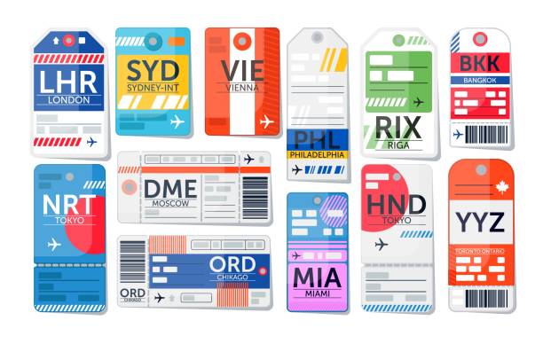 Luggage tag set. Isolated airport baggage ticket Luggage tag set. Isolated airport baggage ticket label icon collection. Travel luggage paper tags with text. Vector vacation destination concept illustration luggage tag stock illustrations