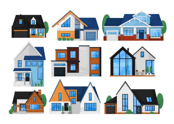 ilustrações, clipart, desenhos animados e ícones de conjunto frontal exterior da casa - apartment townhouse house housing development