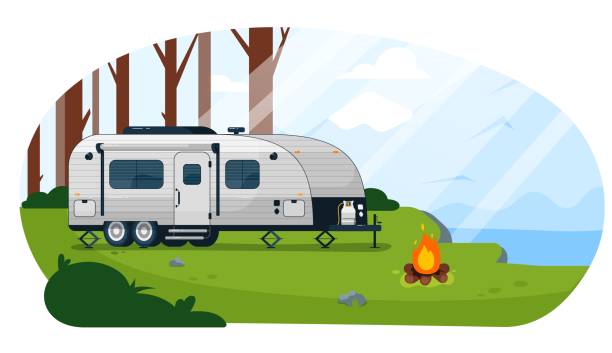 illustrazioni stock, clip art, cartoni animati e icone di tendenza di rimorchio camper. rimorchio camper caravan - rv