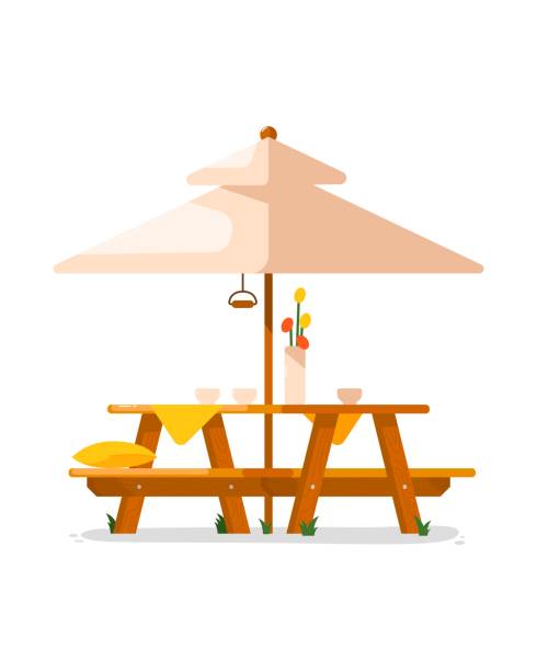 illustrations, cliparts, dessins animés et icônes de table de jardin. table en bois extérieure isolée - table de jardin