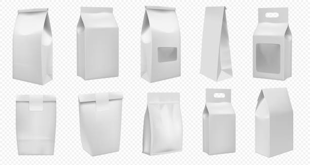 illustrations, cliparts, dessins animés et icônes de modèle de colis alimentaire. maquette de sac blanc - blank paper bag packaging package
