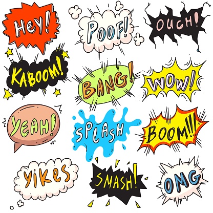 Popart comic bubble. Comic funny popart comic speech bubble set isolated on white background. Vector emotion and sound effect, noise, rumble, buzzing, creak, crash colorful sticker icon illustration