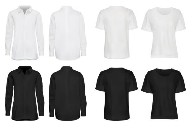 ilustraciones, imágenes clip art, dibujos animados e iconos de stock de conjunto de camisa realista aislado sobre fondo blanco - long sleeved shirt black templates