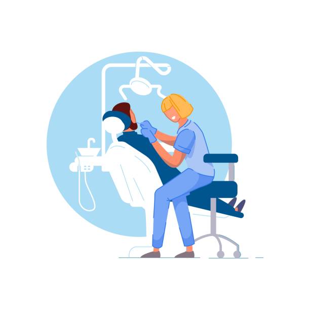 стоматологический кабинет. доктор стоматолог женщина - dentist dentist office dentists chair cartoon stock illustrations