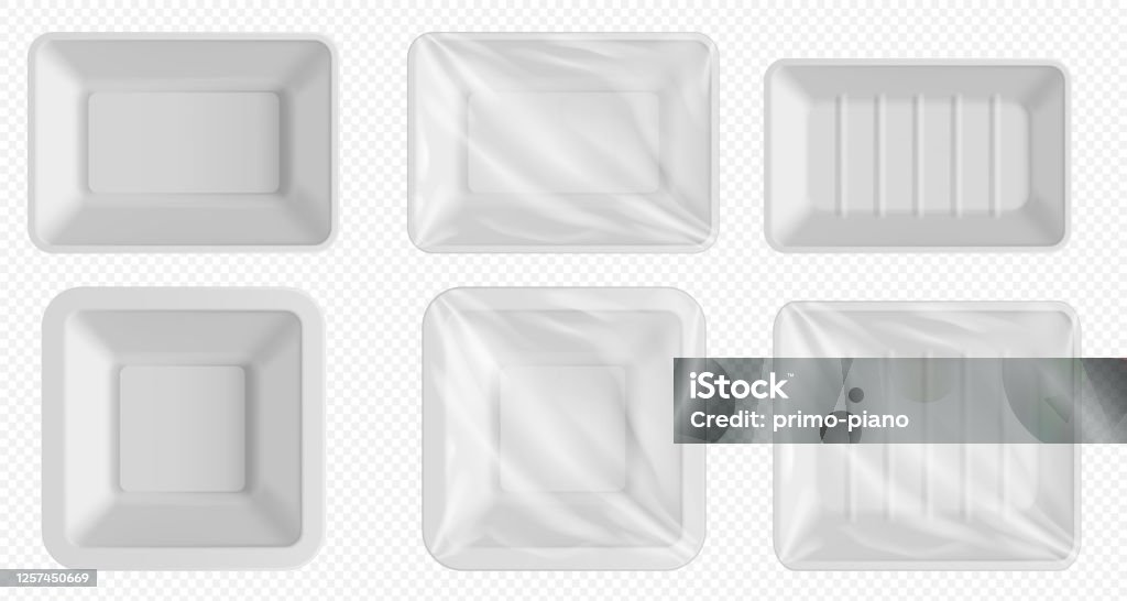 Plastic food tray. Styrofoam container frozen food Plastic food tray. Styrofoam container for frozen food and fresh meat, fish, chicken. Empty food package with clear wrap isolated. Blank plastic tray template set on transparent background Plastic stock vector