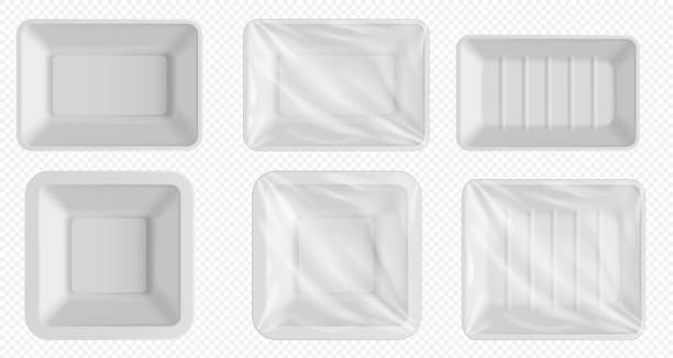 Plastic food tray. Styrofoam container frozen food Plastic food tray. Styrofoam container for frozen food and fresh meat, fish, chicken. Empty food package with clear wrap isolated. Blank plastic tray template set on transparent background polystyrene box stock illustrations