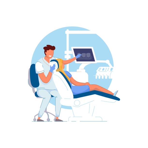 ортодонтский офис. доктор ортодонт, обследующий - dentist dentist office dentists chair cartoon stock illustrations