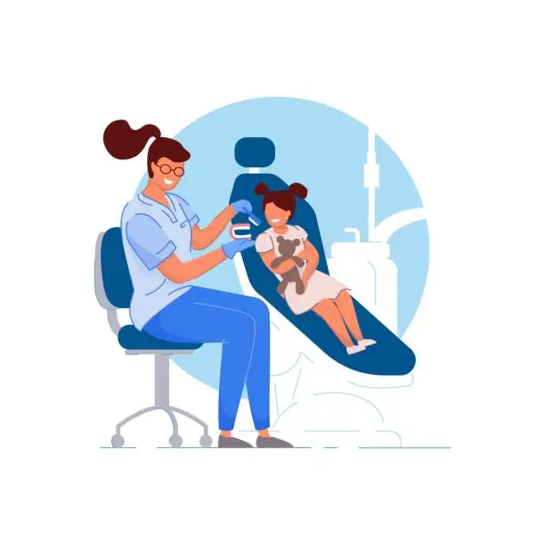 Vector illustration of Child dentist. Doctor specialist woman teaching