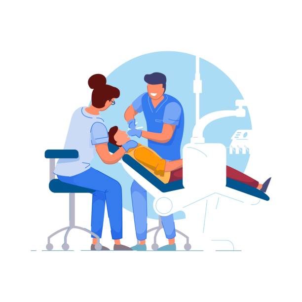 пациент-стоматолог. врач-специалист и ассистент - dentist dentist office dentists chair cartoon stock illustrations