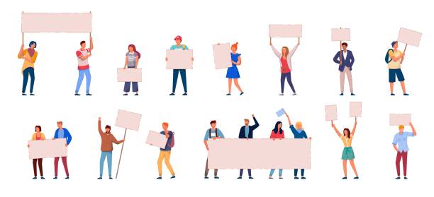 ilustraciones, imágenes clip art, dibujos animados e iconos de stock de la gente protesta se aisla sobre fondo blanco - picket line strike picket protestor