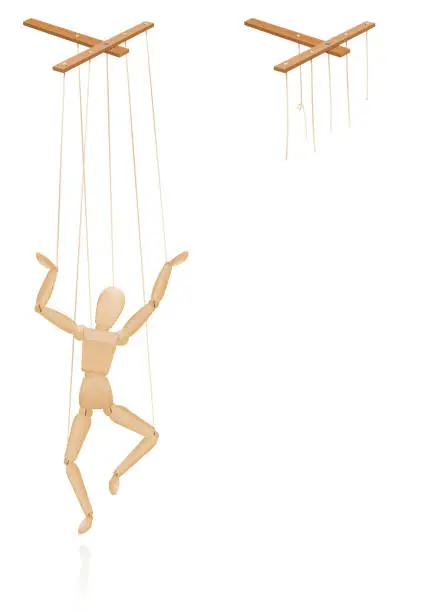 Vector illustration of Puppet on strings. Marionette control bar with intact and broken strings. Torn cords as a symbol for freedom, independence, autonomy, liberty, detachment, release or escape. Isolated vector on white.