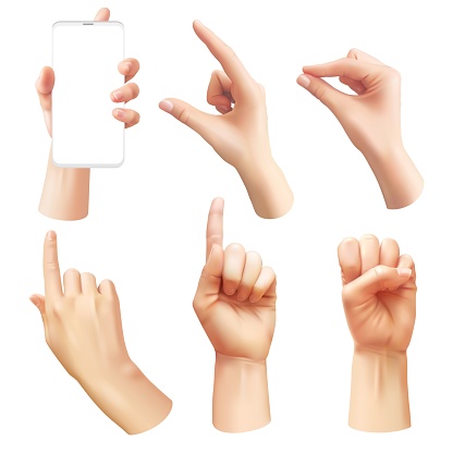 Realistic hands. Different human hand showing signals, pointing finger, interactive communication and interface gestures, hold smartphone and control phone 3d vector set