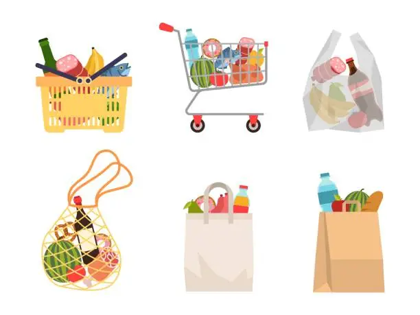 Vector illustration of Shopping bags with foods. Grocery purchases, paper packages, plastic bag, trolley and basket with products. Buying organic food vector set