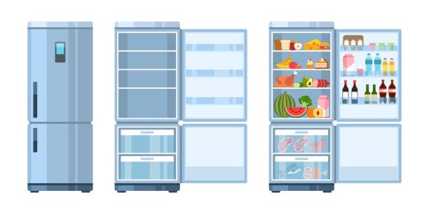 istock Fridge. Closed and open refrigerator with products, healthy food, water and milk, fruit and vegetable, alcohol and meat, cartoon vector concept 1257451870