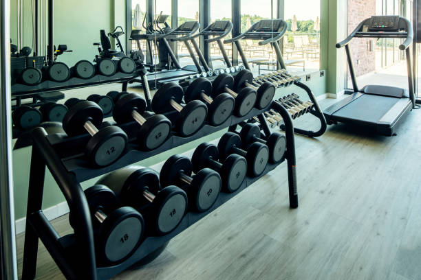 istock Dumbbells on a rack in a gym without people. 1257452375