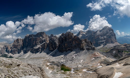 Mountain range view lastoi de formin from lagazuoi peak with clouds, panoramic view, Dolomites Italy