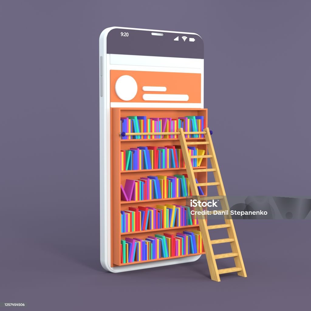 Smartphone turned into Internet online library. Concept of mobile education and e-library, isometric media book shop. 3d rendering. Smartphone turned into Internet online library. Concept of mobile education and e-library, isometric media book shop. 3d rendering E-Learning Stock Photo
