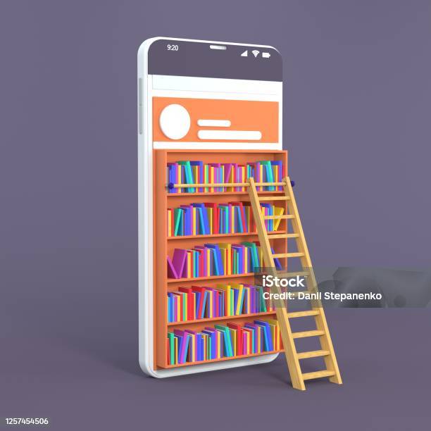 Smartphone Turned Into Internet Online Library Concept Of Mobile Education And Elibrary Isometric Media Book Shop 3d Rendering Stock Photo - Download Image Now