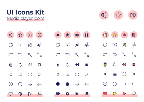 Media player UI icons kit. Audio settings thin line, glyph and color vector symbols set. Play and stop sound. Multimedia mobile app buttons in pink circles pack. Web design elements collection