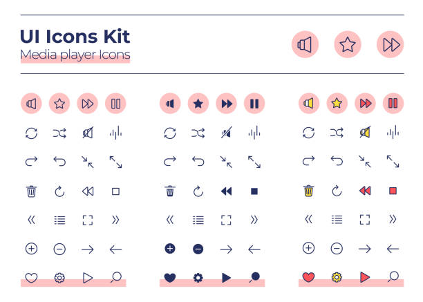 Media player UI icons kit Media player UI icons kit. Audio settings thin line, glyph and color vector symbols set. Play and stop sound. Multimedia mobile app buttons in pink circles pack. Web design elements collection resting stock illustrations