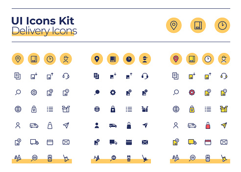 Delivery UI icons kit. Courier service thin line, glyph and color vector symbols set. Order track. Cargo distribution mobile app buttons in orange circles pack. Web design elements collection