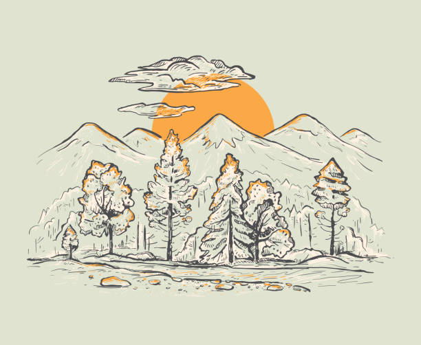 Sketch of a mountains with forest, stream, sunrise or sunset on a gray background. Romantic vector landscape. Hand drawn color  illustration in retro style. Design for t-shirt, pillow print, postcard, poster