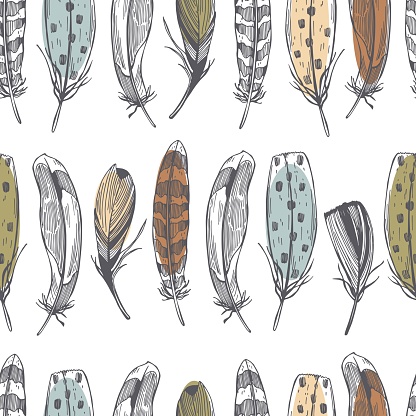 Vector  seamless pattern with  hand drawn feathers on white background.