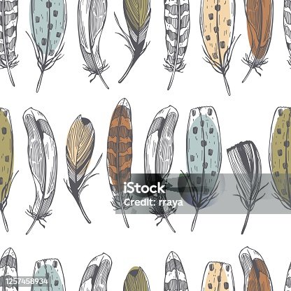 istock Hand drawn feathers . Vector   pattern 1257458934