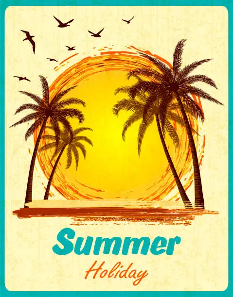 Vector illustration of Summer Tropical Sunset With Palm Trees. Retro Grunge Background.