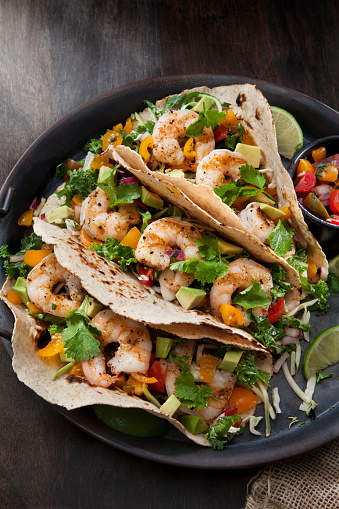Grilled Shrimp Tacos with Avocado Fresh Salsa and Kale Coleslaw